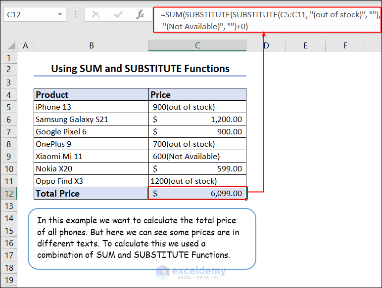 Using the SUBSTITUTE function to substitute multiple texts and calculate sum