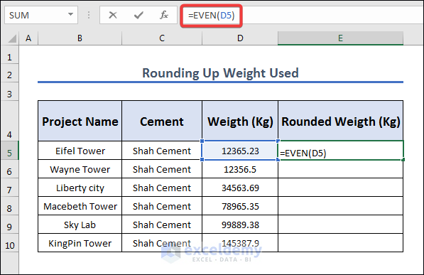 Rounding Up Weight Using Excel Even Function