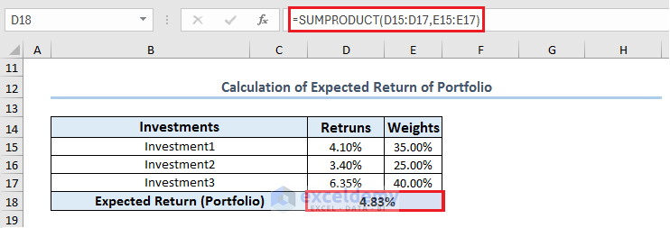 Using SUMPRODUCT Function to calculate expected return in Excel