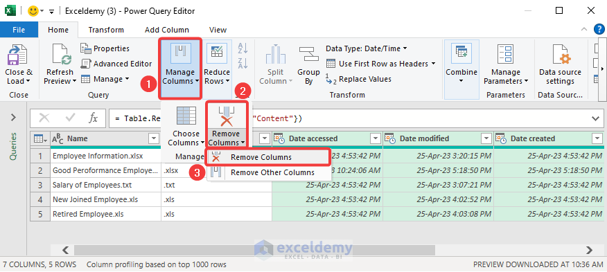 Removing columns using the Power Query editor