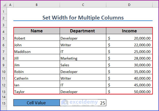Showing Output of Setting Width for Multiple Columns Based on Cell Value in Excel VBA