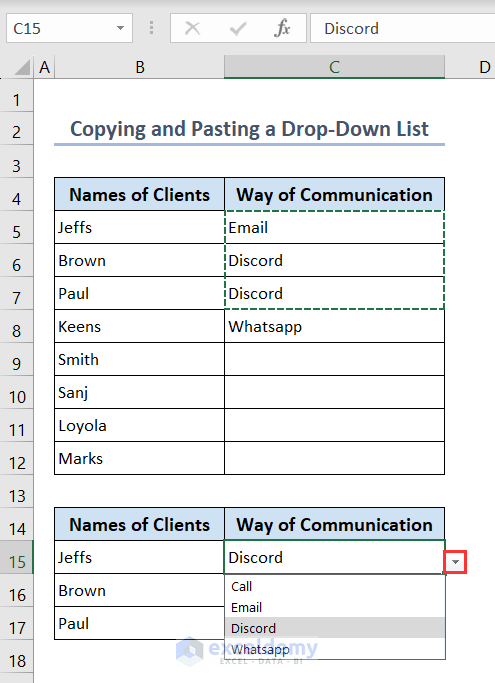 Showing Pasted drop-down list