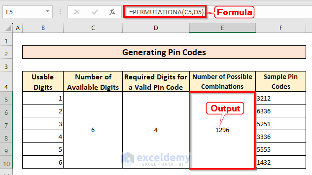 Using PERMUTATIONA() Function to Calculate Possible Units of Pin Codes