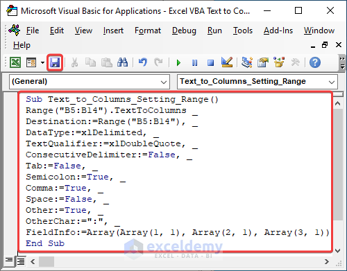 VBA code for converting text to columns with multiple delimiters where the range is set inside the code