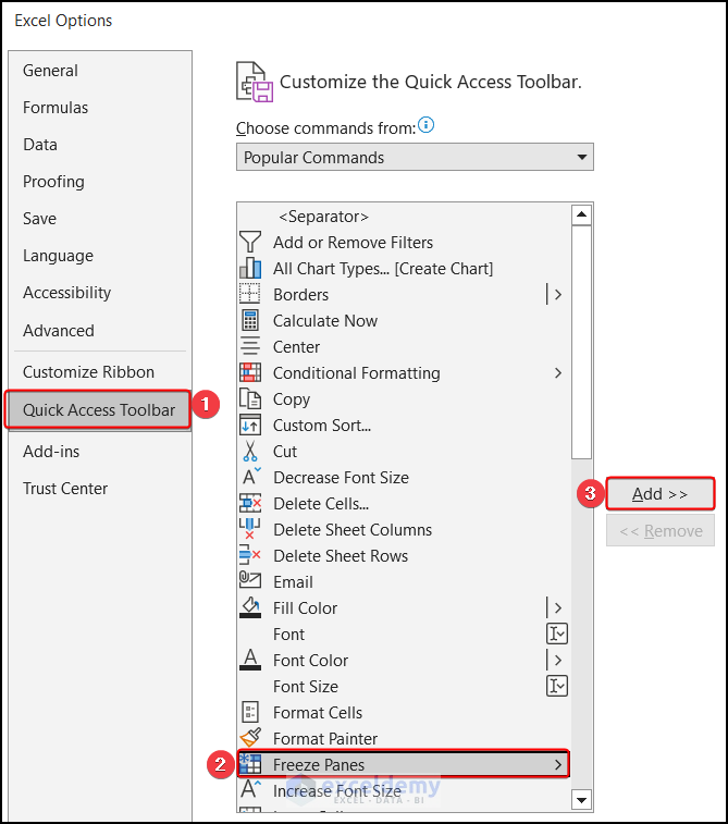 Adding freeze panes to the quick access toolbar