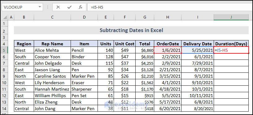 Entering the formula in cell J5 to subtract dates in Excel