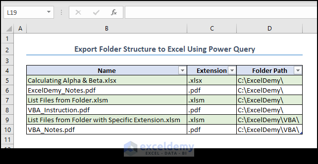 exported folder structure to worksheet