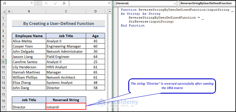 Final Output Image of VBA Code to Reverse a String by Creating a User-Defined Function