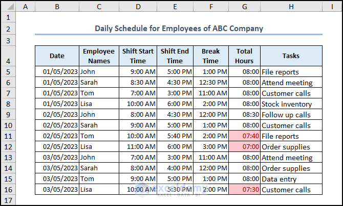 final output of daily schedule for employees