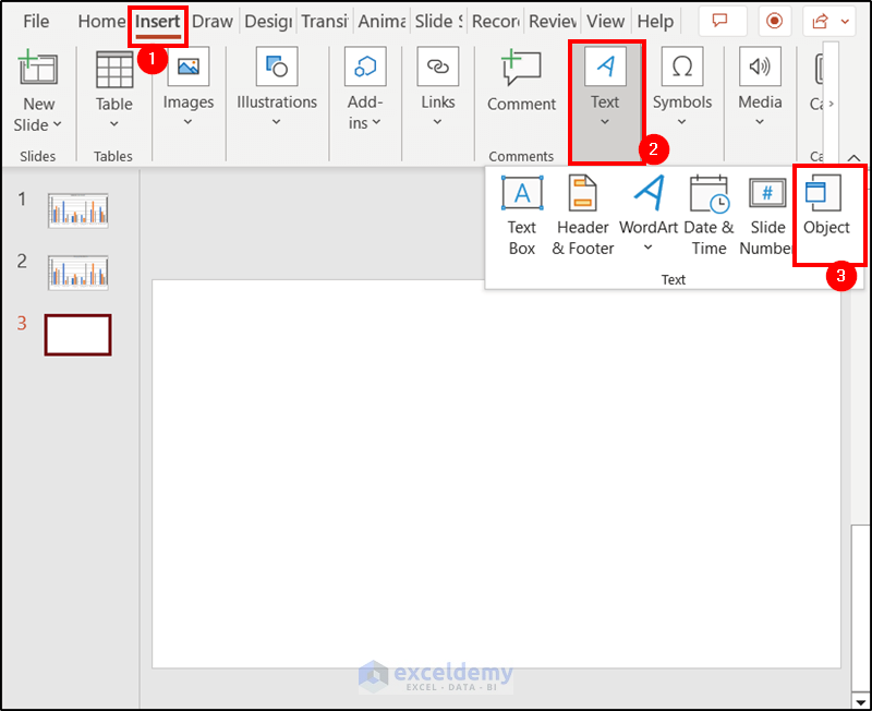inserting object option in powerpoint