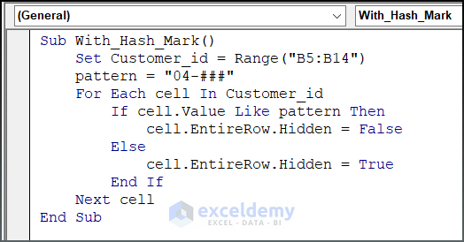 Code image for Excel VBA Like Operator with Hash Mark