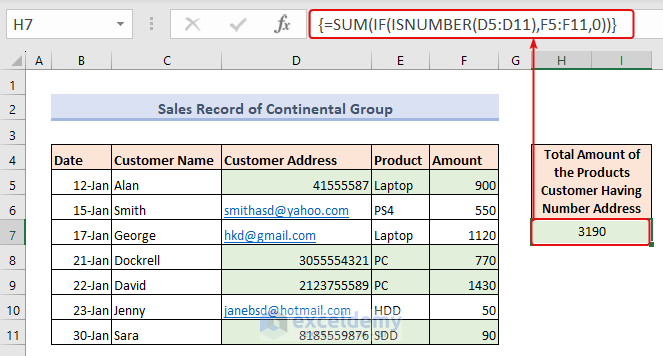 Using a combination of SUM, IF, and ISNUMBER to sum if a cell contains a number only