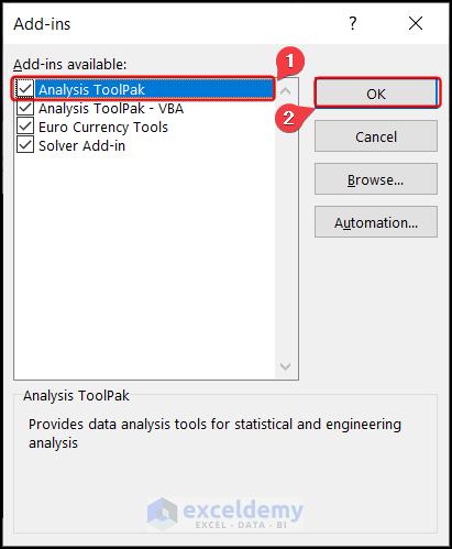 Add-ins window to insert Analysis ToolPak