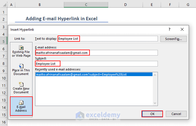 Adding E-mail hyperlink