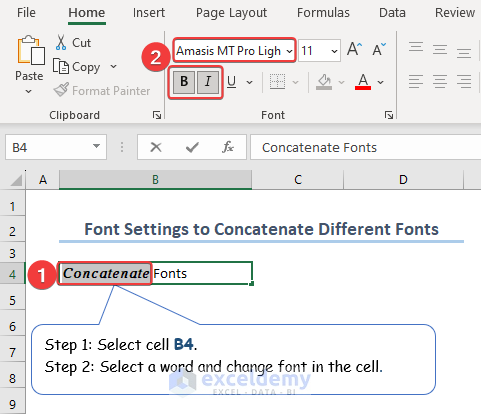 Changing the font of words in cell B4