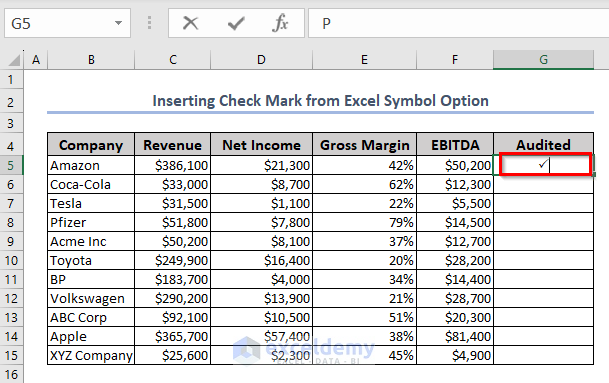 Inserting Tick Mark in Excel