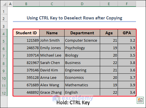 Pressing CTRL key to deselect rows after copying