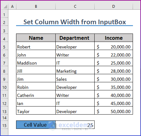 Sample Dataset to Set column Width from InputBox in Excel VBA 