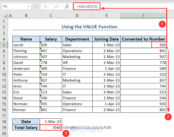 Showing the right value after changing the format of sum range into a number using the VALUE function