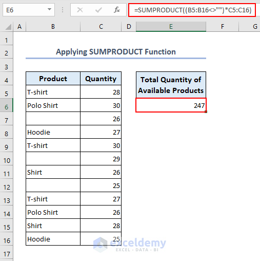 Using SUMPRODUCT function to sum not blank cells