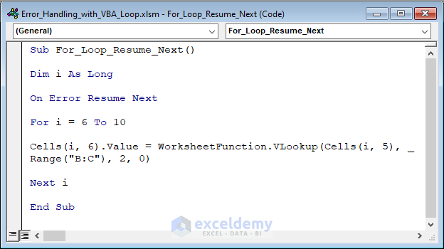 Code to use Resume Next for error handling