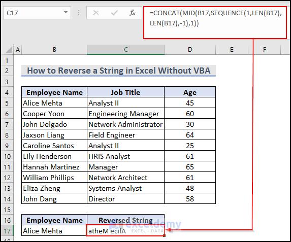 Final Output Image of Reversing a String Without VBA
