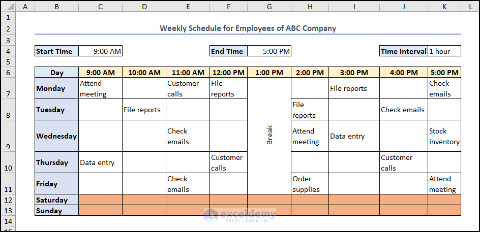 output of making weekly schedule for employees in Excel