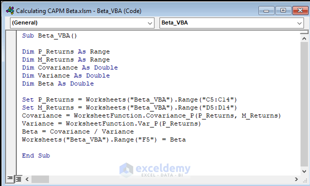 Vba code to calculate capm beta