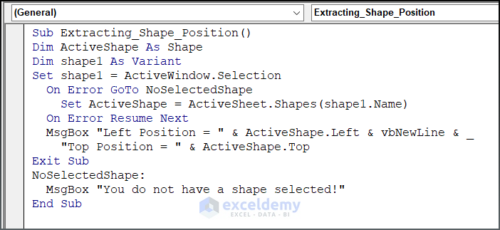 Code for Discovering Excel VBA Shape Position