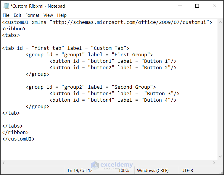Create an XML File to Add New Groups, Tabs and Buttons in Excel