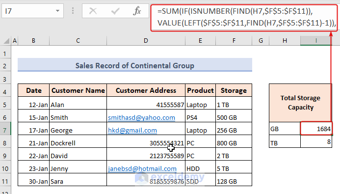 Using Excel functions to sum if a cell contains a number and text