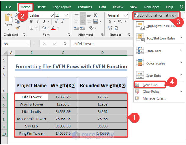step by step process formatting The EVEN Rows Using Excel Even Function