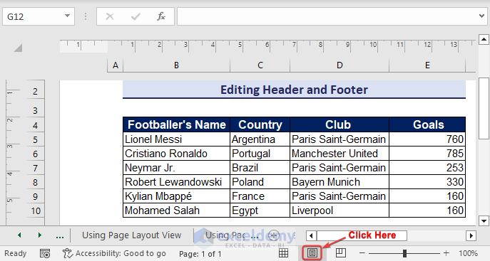Clicking the Icon to Edit Header and Footer