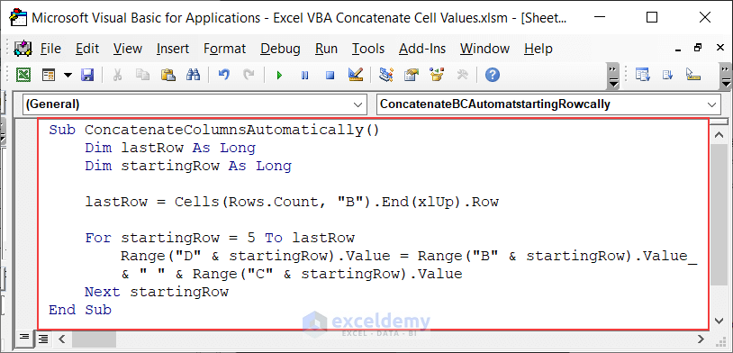 Code for Concatenating Cell Values Using Plus (+) Operator 