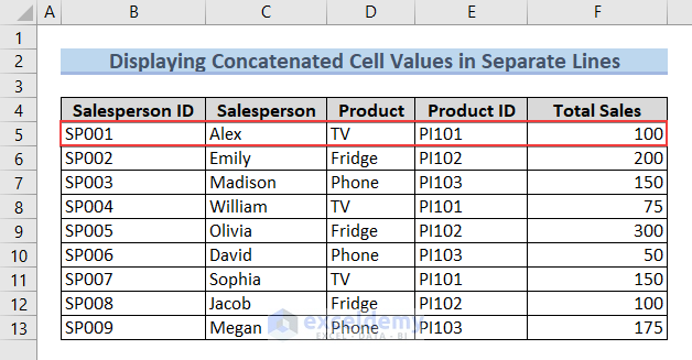 Dataset for Displaying Concatenated Cell Values in Separate Lines 