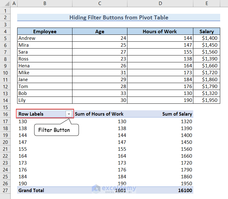 By default Pivot Table shows the Filter Button