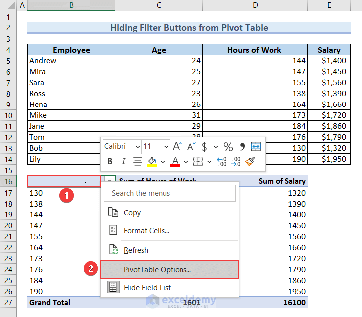 Selecting PivotTable Options