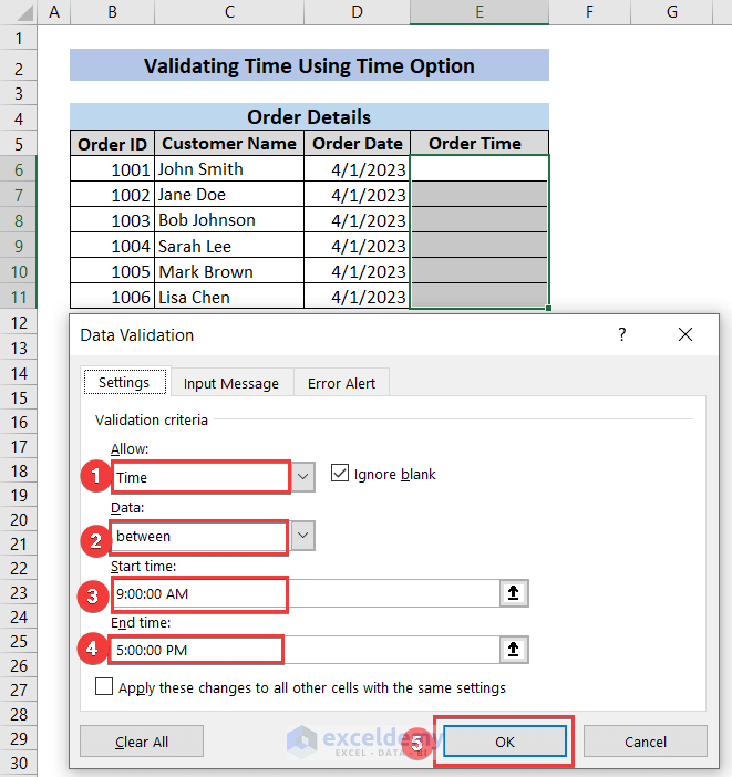 Setting Time validation options