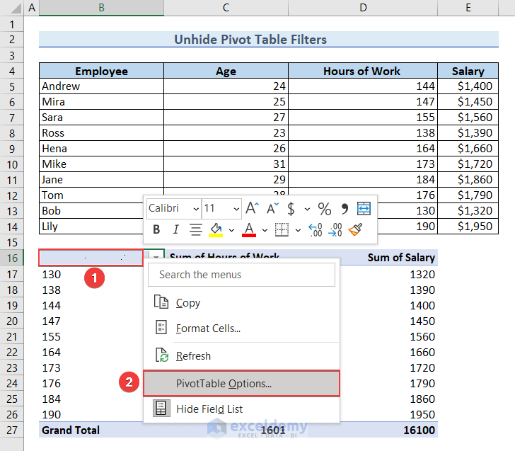 Selecting PivotTable Options