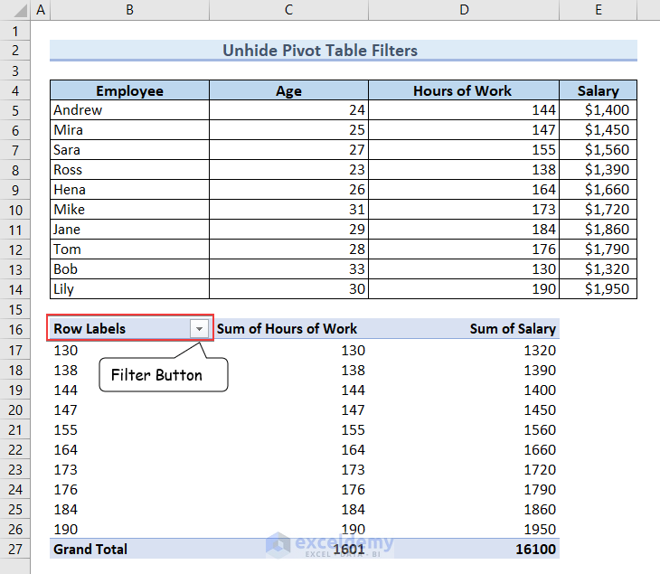 Filter Button is Unhidden in the Pivot Table