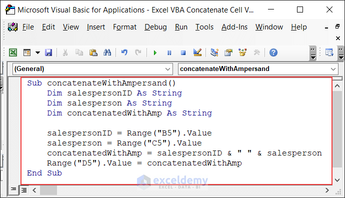 Code for Using Ampersand (&) to Concatenate Cell Values 