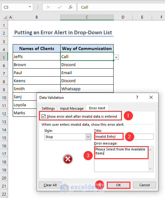 Putting an alert message in the Error Alert tab of the Data Validation window