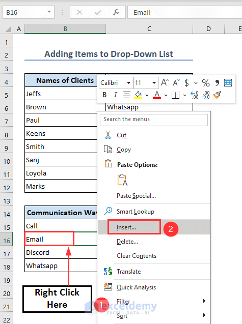 Selecting Insert option from Context menu