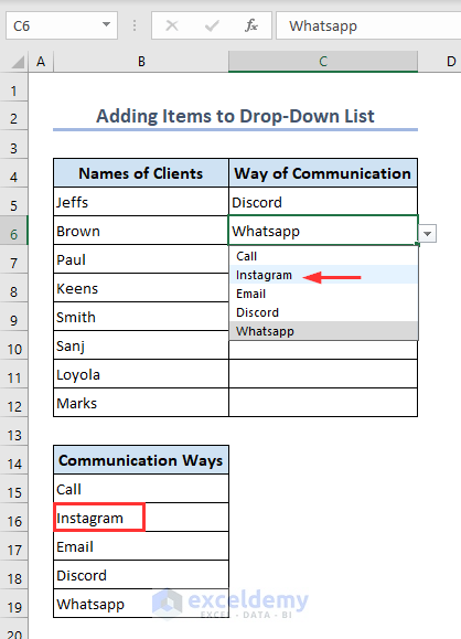 Showing added items on the drop-down list