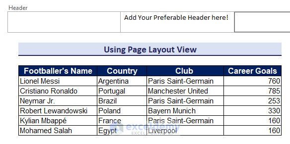 Using Page Layout View to Add Header in Excel
