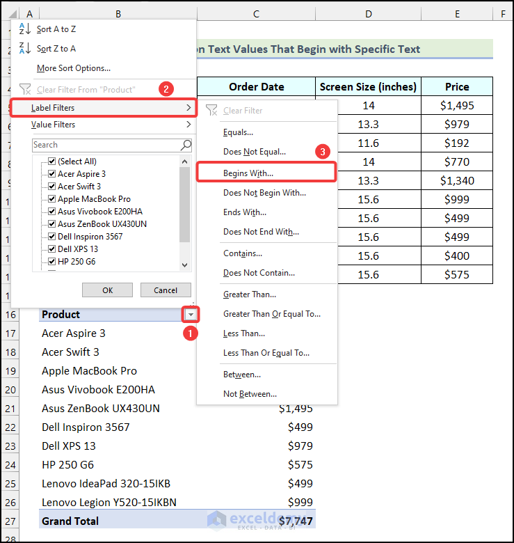 Using Label Filters option to filter Pivot Table based on cell value that begins with a specific text in Excel