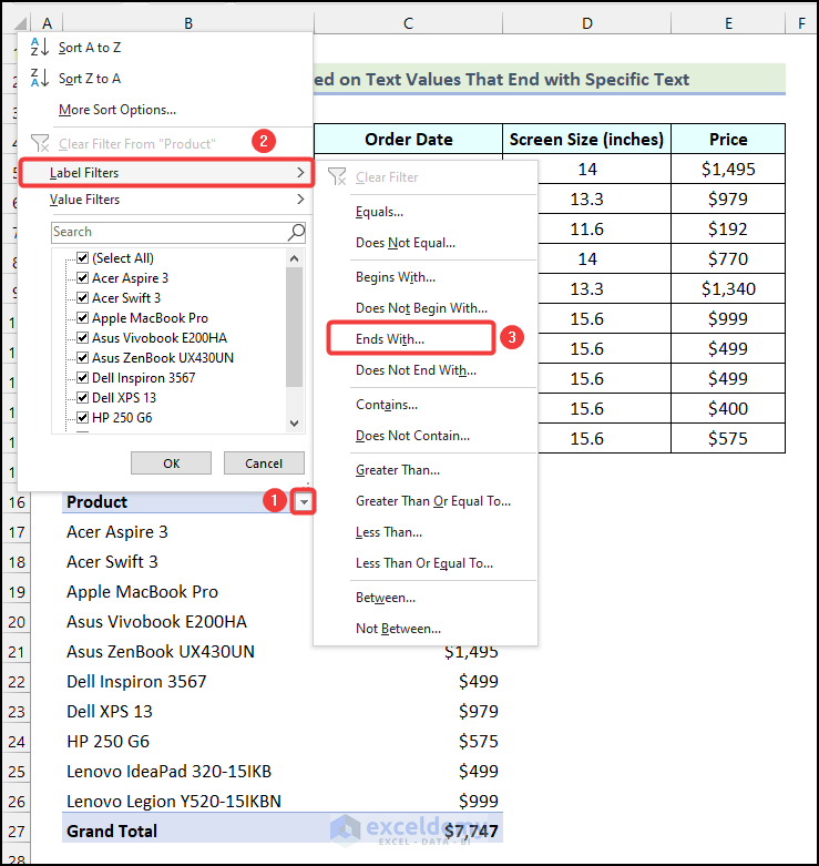 Utilizing Label Filters option to filter Pivot Table based on cell value that ends with a specific text in Excel