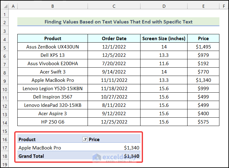 Output got after filtering Pivot Table based on cell value that ends with a specific text in Excel