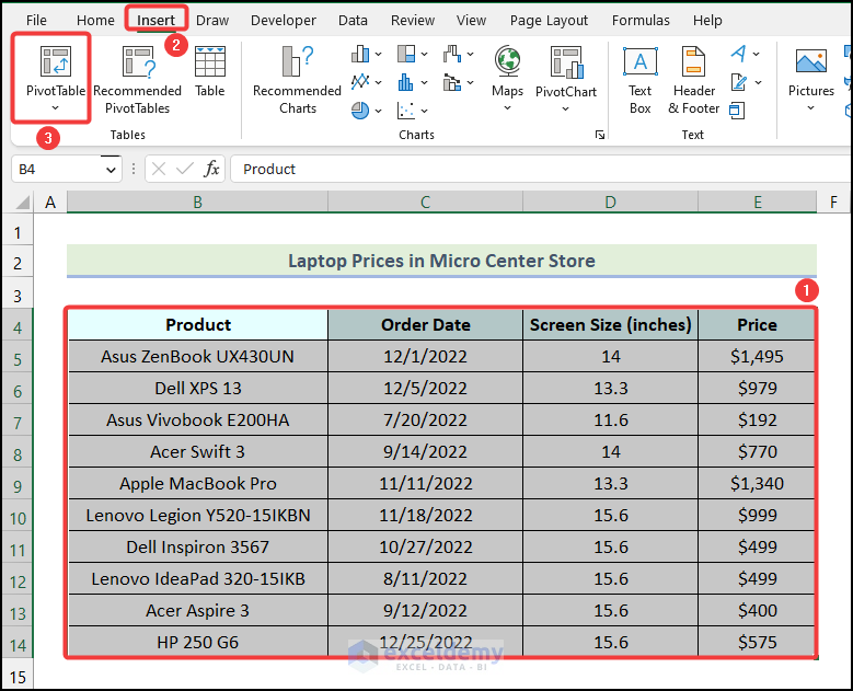 Using Insert option to create a Pivot Table