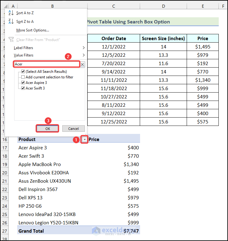 Using the Search Box option to filter Pivot Table based on cell Value in Excel